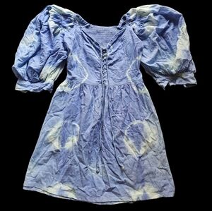 Jen's Pirate Booty Purple Tie Dye Laced up  Boho Cottagecore Puff Cotton Dress S